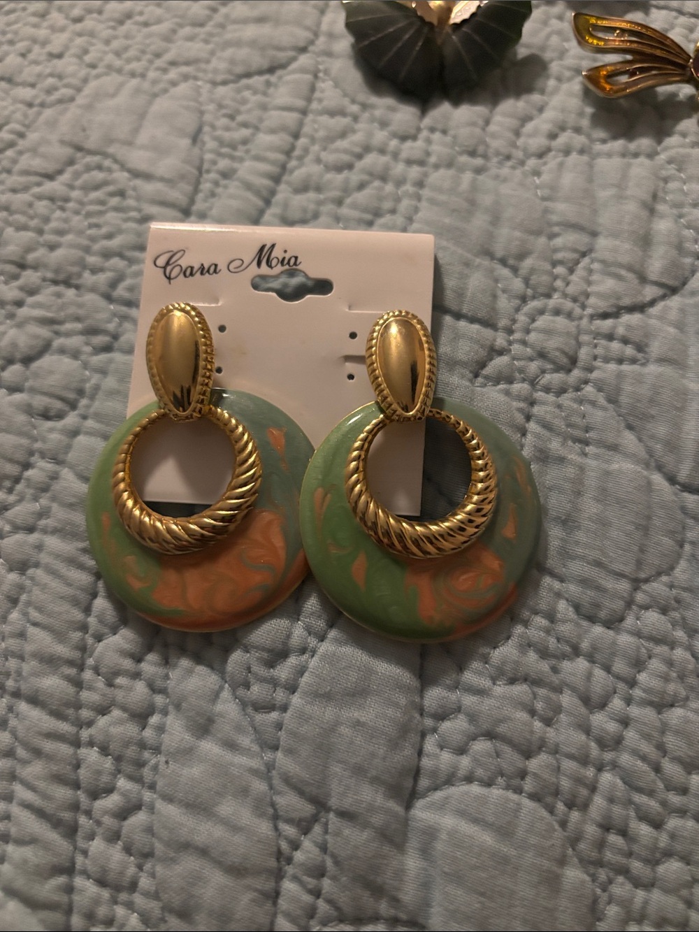 Vintage Green & Peach Resin Hoop Drop Earrings with Gold Accents